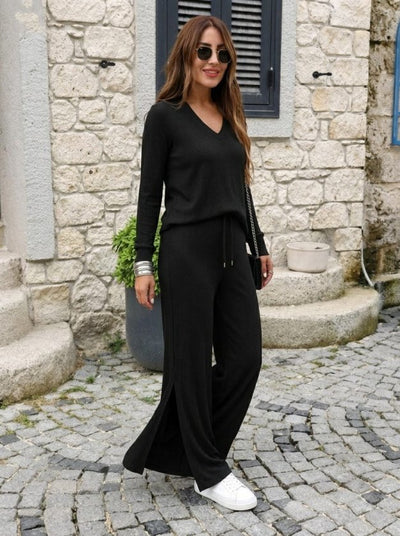 Compleu bluză V-neck cu viscoză dublă și pantalon cu detaliu deschizătură, 37523