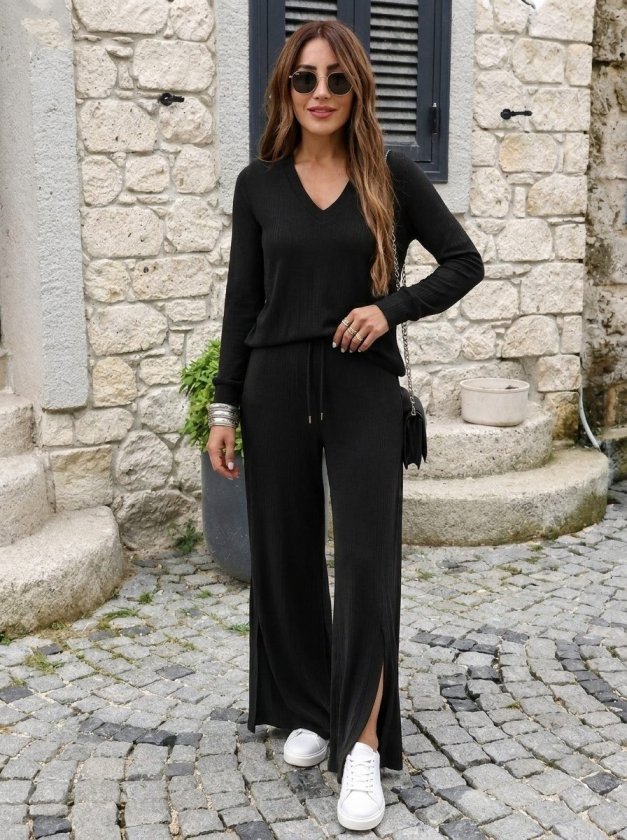 Compleu bluză V-neck cu viscoză dublă și pantalon cu detaliu deschizătură, 37523