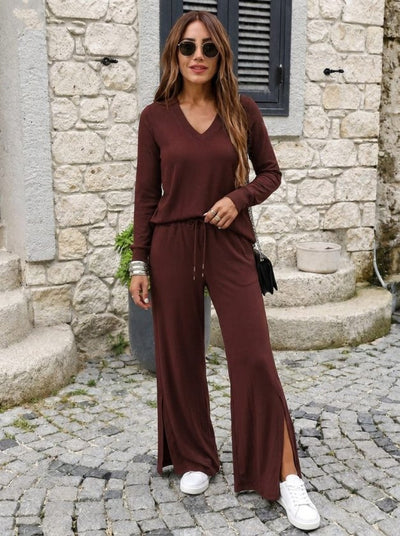 Compleu bluză V-neck cu viscoză dublă și pantalon cu detaliu deschizătură, 37524