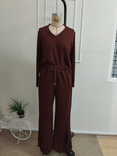Compleu bluză V-neck cu viscoză dublă și pantalon cu detaliu deschizătură, 37524