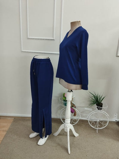 Compleu bluză V-neck cu viscoză dublă și pantalon cu detaliu deschizătură, 37525