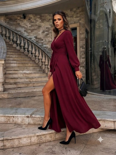 Rochie crepon cu mâneci lungi, guler wrap, deschizătură laterală, 37527