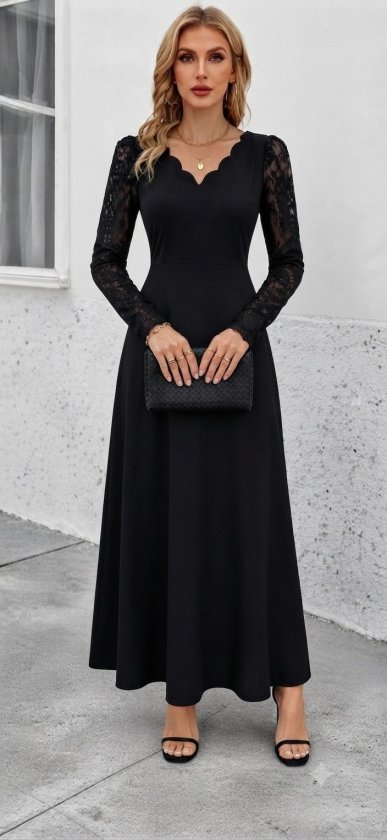 Rochie lungă din crap pentru femei cu mâneci lungi, gât V ondulat, detalii dantelă, 37530