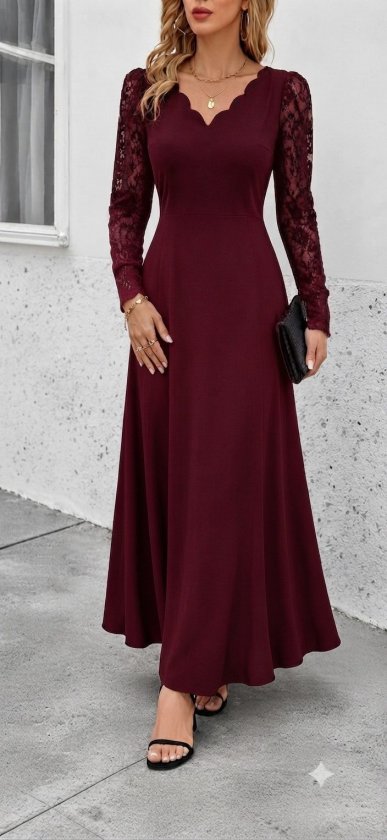 Rochie lungă din crap pentru femei cu mâneci lungi, gât V ondulat, detalii dantelă, 37531