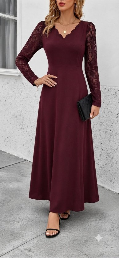 Rochie lungă din crap pentru femei cu mâneci lungi, gât V ondulat, detalii dantelă, 37531
