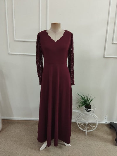 Rochie lungă din crap pentru femei cu mâneci lungi, gât V ondulat, detalii dantelă, 37531