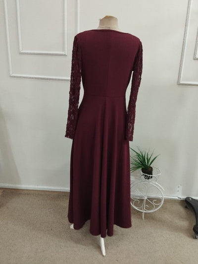 Rochie lungă din crap pentru femei cu mâneci lungi, gât V ondulat, detalii dantelă, 37531