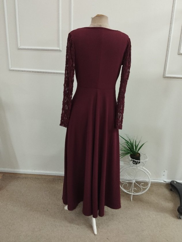 Rochie lungă din crap pentru femei cu mâneci lungi, gât V ondulat, detalii dantelă, 37531