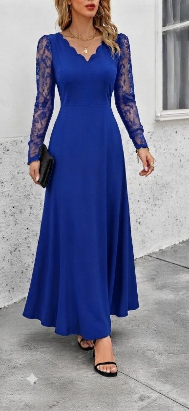 Rochie lungă din crap pentru femei cu mâneci lungi, gât V ondulat, detalii dantelă, 37532