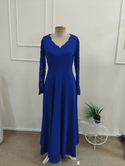 Rochie lungă din crap pentru femei cu mâneci lungi, gât V ondulat, detalii dantelă, 37532