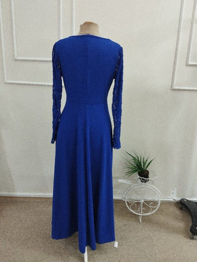 Rochie lungă din crap pentru femei cu mâneci lungi, gât V ondulat, detalii dantelă, 37532