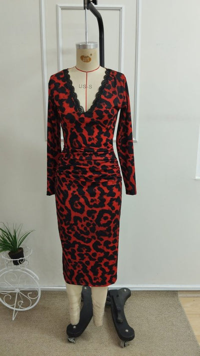 Rochie midi din bumbac pentru femei cu mâneci lungi, gât de dantelă, ciorapă pe spate, model, 37534