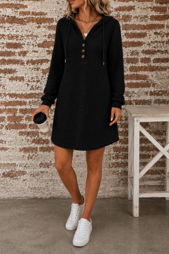 Rochie scurtă din waffle pentru femei cu mâneci lungi, glugă, nasturi, 37597
