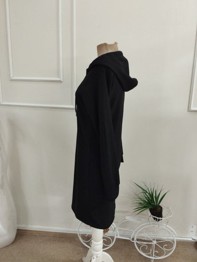 Rochie scurtă din waffle pentru femei cu mâneci lungi, glugă, nasturi, 37597