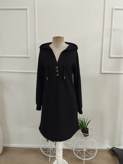 Rochie scurtă din waffle pentru femei cu mâneci lungi, glugă, nasturi, 37597