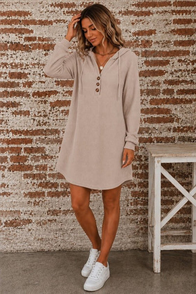 Rochie scurtă din waffle pentru femei cu mâneci lungi, glugă, nasturi, 37599