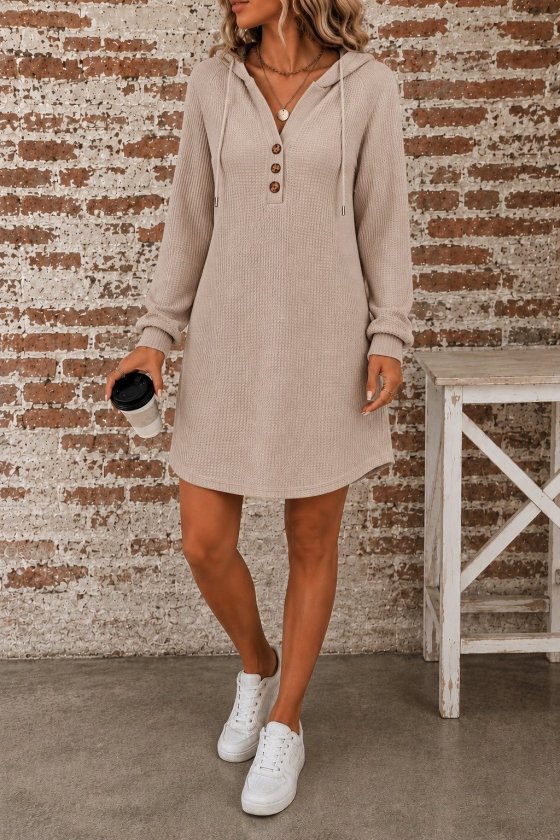 Rochie scurtă din waffle pentru femei cu mâneci lungi, glugă, nasturi, 37599