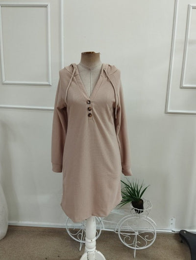 Rochie scurtă din waffle pentru femei cu mâneci lungi, glugă, nasturi, 37599