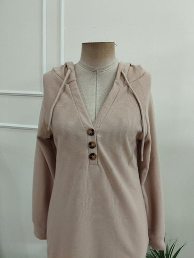 Rochie scurtă din waffle pentru femei cu mâneci lungi, glugă, nasturi, 37599