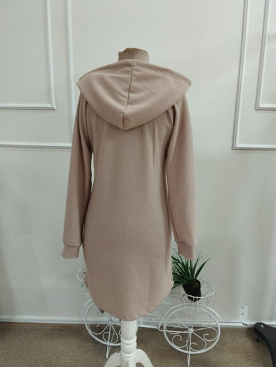Rochie scurtă din waffle pentru femei cu mâneci lungi, glugă, nasturi, 37599