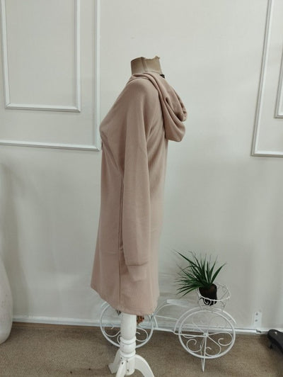 Rochie scurtă din waffle pentru femei cu mâneci lungi, glugă, nasturi, 37599