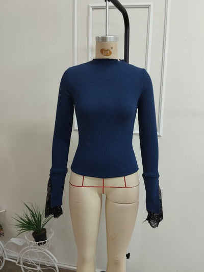 Bluza din corset pentru femei cu mâneci lungi, gât semi-pescăresc, detalii de dantelă pe mâneci, 37604