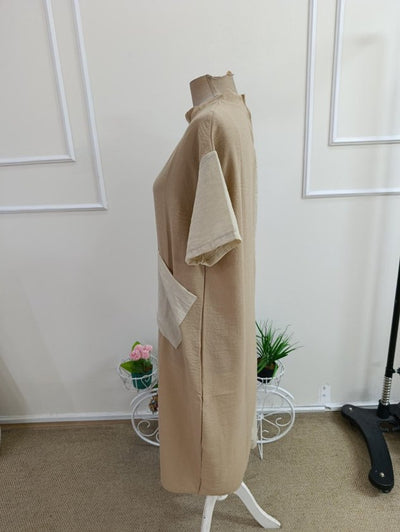Rochie midi din bumbac pentru femei cu mâneci scurți, gât rotund, bicolor, cu buzunare, 37605