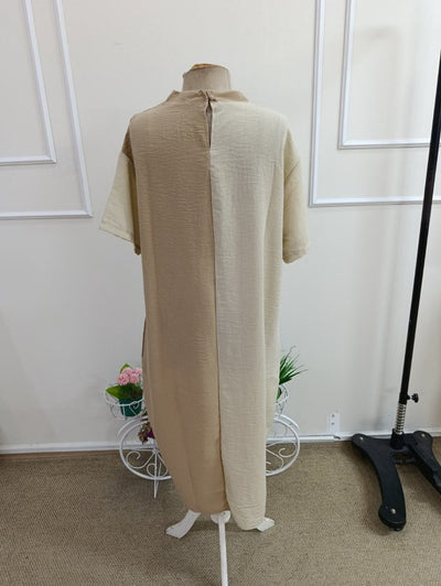 Rochie midi din bumbac pentru femei cu mâneci scurți, gât rotund, bicolor, cu buzunare, 37605