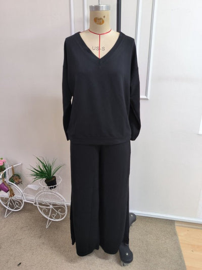 Set de două piese pentru femei - bluză din viscoză cu mâneci lungi, gât V și pantaloni legați din talie, 37606