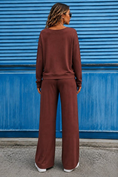 Set de două piese pentru femei - bluză din viscoză cu mâneci lungi, gât V și pantaloni legați din talie, 37607
