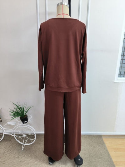 Set de două piese pentru femei - bluză din viscoză cu mâneci lungi, gât V și pantaloni legați din talie, 37607