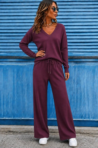 Set de două piese pentru femei - bluză din viscoză cu mâneci lungi, gât V și pantaloni legați din talie, 37608