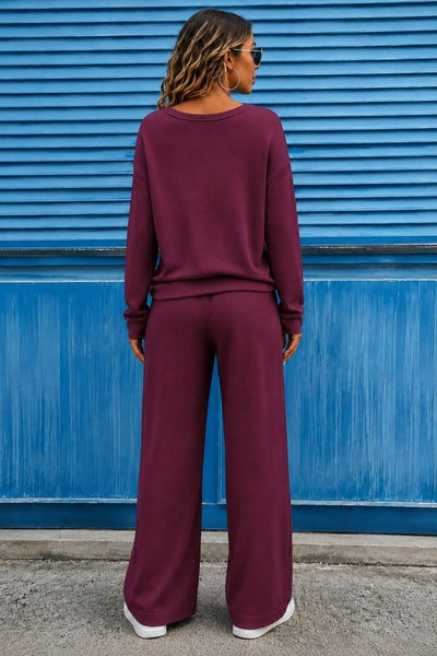 Set de două piese pentru femei - bluză din viscoză cu mâneci lungi, gât V și pantaloni legați din talie, 37608