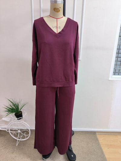 Set de două piese pentru femei - bluză din viscoză cu mâneci lungi, gât V și pantaloni legați din talie, 37608