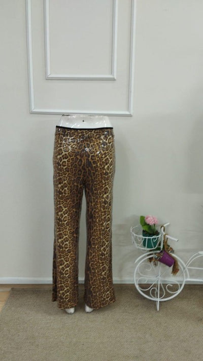 Pantaloni pentru femei cu talie înaltă, fermoar lateral, model cu paiete, 37612