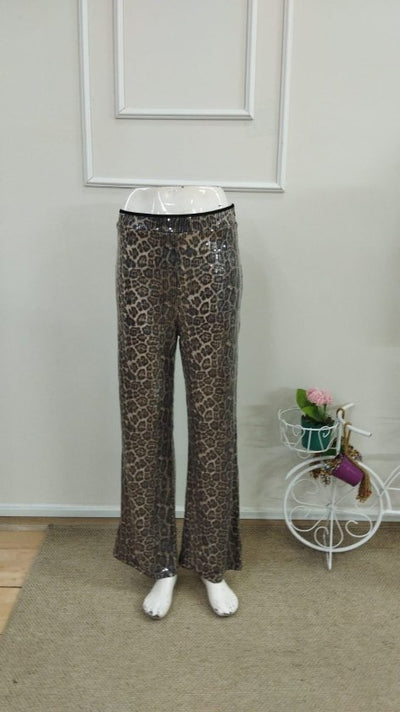Pantaloni pentru femei cu talie înaltă, fermoar lateral, model cu paiete, 37613