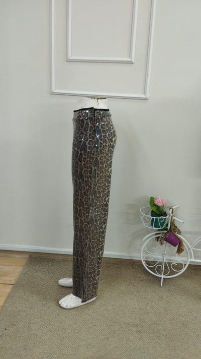 Pantaloni pentru femei cu talie înaltă, fermoar lateral, model cu paiete, 37613