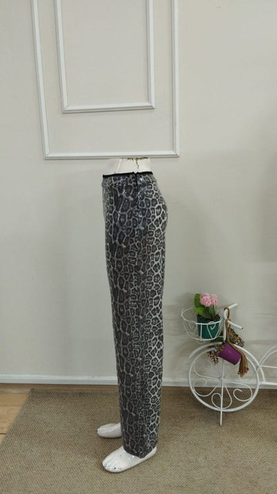 Pantaloni pentru femei cu talie înaltă, fermoar lateral, model cu paiete, 37614
