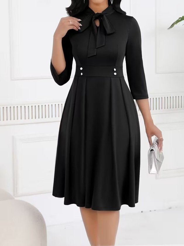 Rochie midi din crap importat pentru femei cu mâneci Tuvakar, legată din gât, cu nasturi, 37615