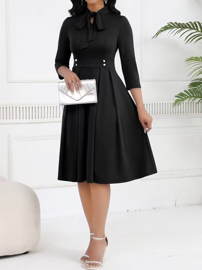 Rochie midi din crap importat pentru femei cu mâneci Tuvakar, legată din gât, cu nasturi, 37615