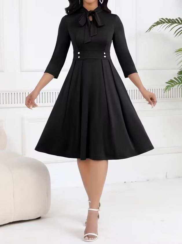 Rochie midi din crap importat pentru femei cu mâneci Tuvakar, legată din gât, cu nasturi, 37615