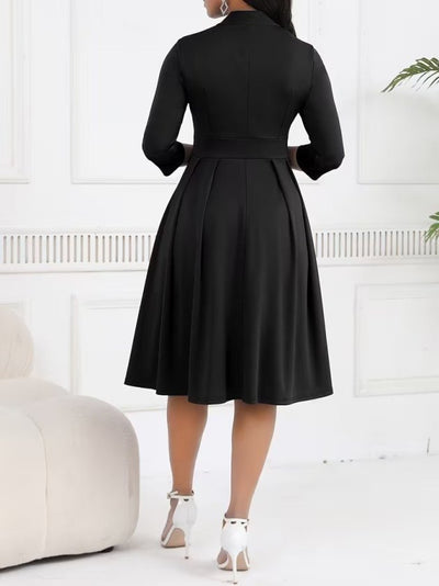 Rochie midi din crap importat pentru femei cu mâneci Tuvakar, legată din gât, cu nasturi, 37615