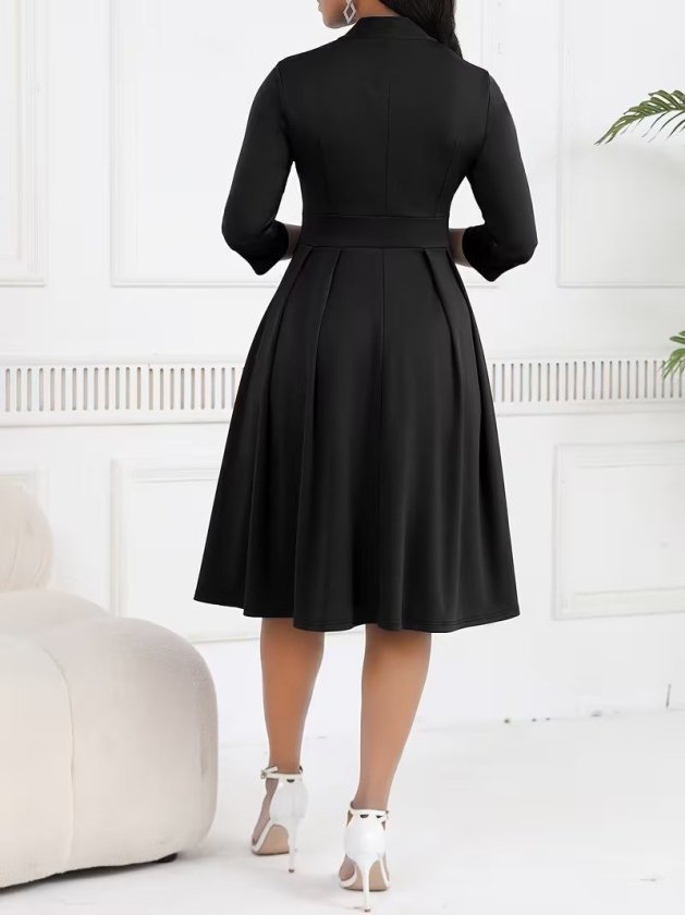 Rochie midi din crap importat pentru femei cu mâneci Tuvakar, legată din gât, cu nasturi, 37615