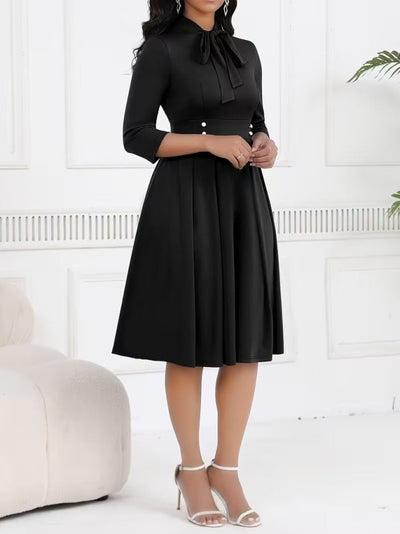 Rochie midi din crap importat pentru femei cu mâneci Tuvakar, legată din gât, cu nasturi, 37615