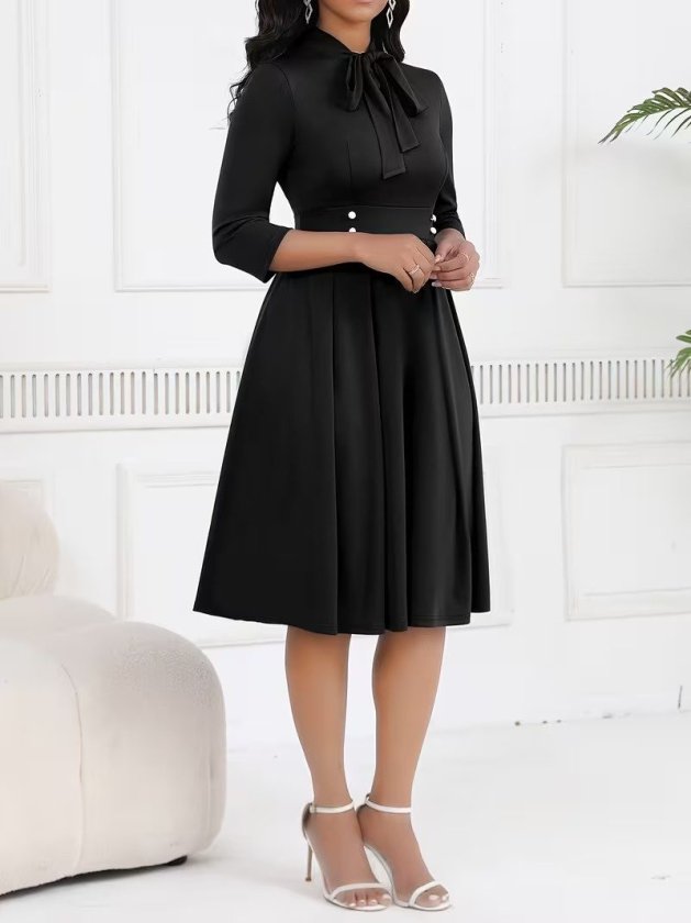 Rochie midi din crap importat pentru femei cu mâneci Tuvakar, legată din gât, cu nasturi, 37615