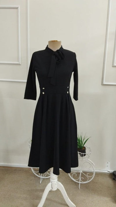 Rochie midi din crap importat pentru femei cu mâneci Tuvakar, legată din gât, cu nasturi, 37615