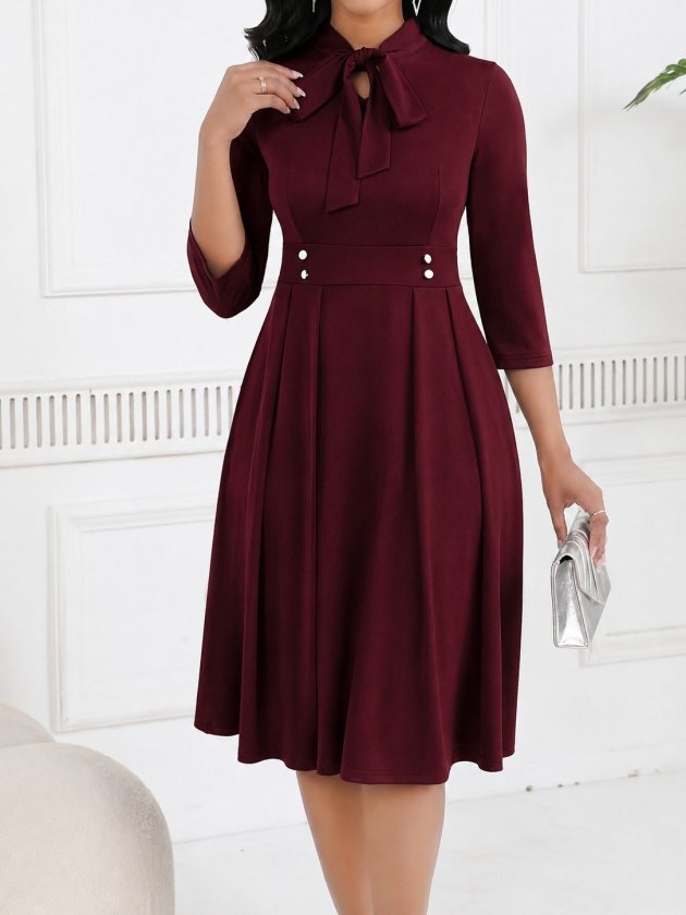 Rochie midi din crap importat pentru femei cu mâneci Tuvakar, legată din gât, cu nasturi, 37616