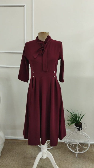 Rochie midi din crap importat pentru femei cu mâneci Tuvakar, legată din gât, cu nasturi, 37616