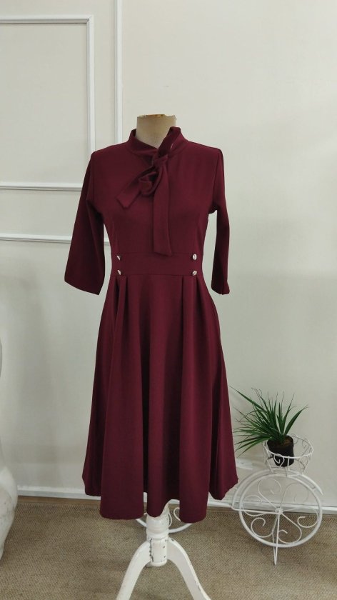 Rochie midi din crap importat pentru femei cu mâneci Tuvakar, legată din gât, cu nasturi, 37616