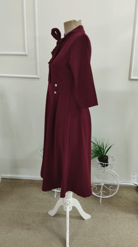 Rochie midi din crap importat pentru femei cu mâneci Tuvakar, legată din gât, cu nasturi, 37616